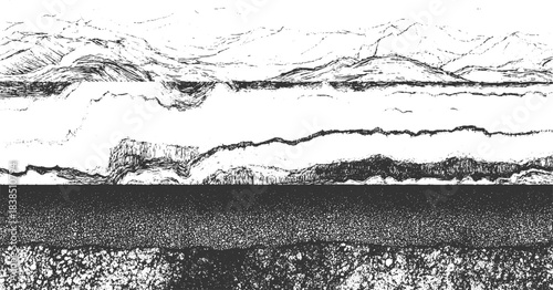 Black and wave scratch line abstract pattern of layered geological strata and textured rock formations background.