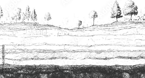 Black and white abstract textured background with horizontal layers and cracked patterns vector. cross section illustration of soil layers with grass and water vector.