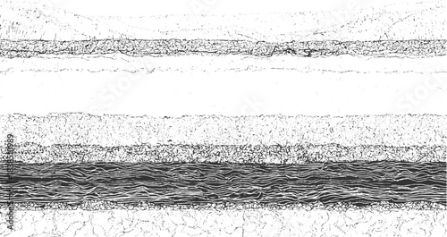 Black and white abstract pattern of layered geological strata and textured rock formations background. Black and white cross section of geological strata with wavy lines and granular textures geology 
