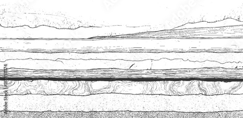 Black and white abstract pattern of layered geological strata and textured rock formations background. Black and white cross section of geological strata with wavy lines and granular textures geology 