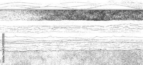 Black and white cross section illustration of soil layers with grass and water vector 
