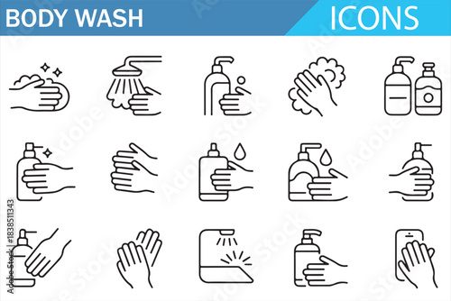 Handwashing soap and sanitizer vector outline icons for safety
