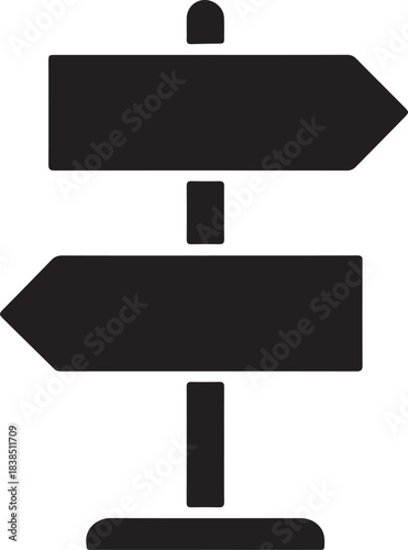 Simple bold black and white signpost with two directional arrows for navigation and guidance