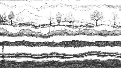 Black and white abstract wavy lines and textured horizontal bands background 