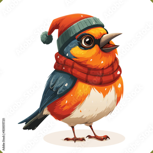 Vector illustration of bullfinch wearing winter warm hat and scarf, isolated on a white background