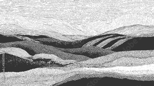 Black and white line drawing of layered geological strata and pebble texture abstract background. Black and white cross section of geological strata with varied textures and lines abstract background 