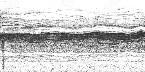 Abstract black and white line art depicting layered geological strata and rock formations vector 