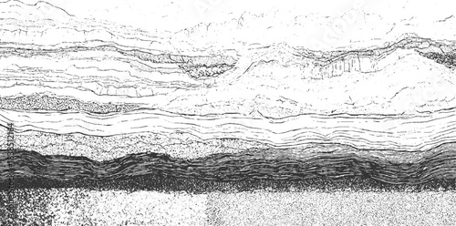 Abstract black and white line art depicting layered geological strata and rock formations vector 