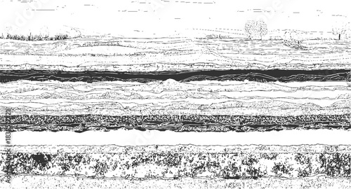 Black and white abstract seismic data representation with layered geological strata and granular texture 