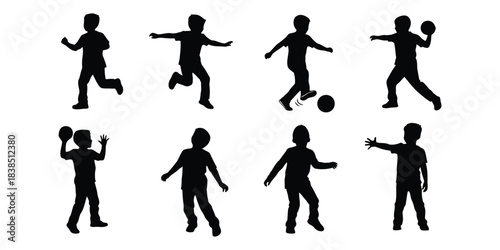 Silhouettes of children playing with balls vector illustration