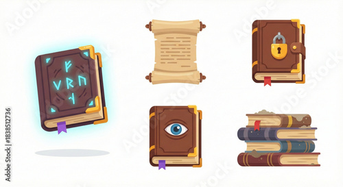 Magical ancient spellbooks and scrolls for fantasy adventures and arcane knowledge