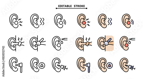 Otitis symptoms and treatment icons set. Editable stroke. People experiencing earache, tinnitus, hearing loss and infections, using ear drops, medication and hearing aid. Vector signs for web graphics