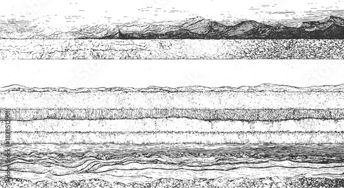 Detailed black and white illustration of folded geological strata and rock formations geology