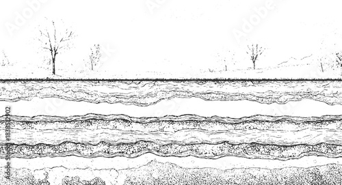 Detailed black and white illustration of folded geological strata and rock formations geology