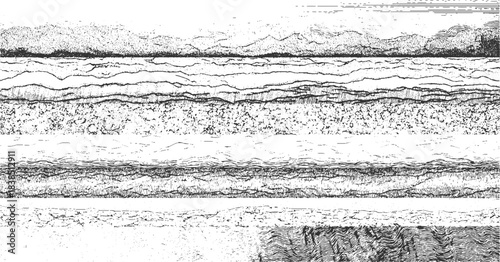 Black and white cross section illustration of soil layers with grass and water vector. Detailed black and white illustration of folded geological strata and rock formations geology. 