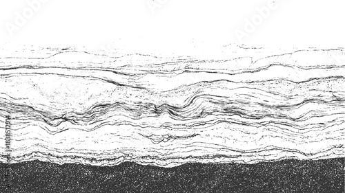 Black and white cross section illustration of soil layers with grass and water vector. Detailed black and white illustration of folded geological strata and rock formations geology. 
