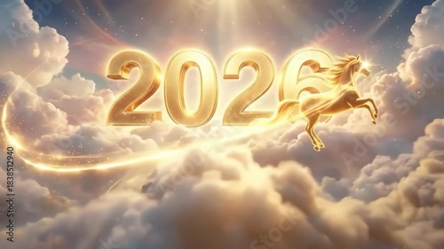 2026 golden year horse cloud glowing golden numbers and luminous unicorn rising in warm light