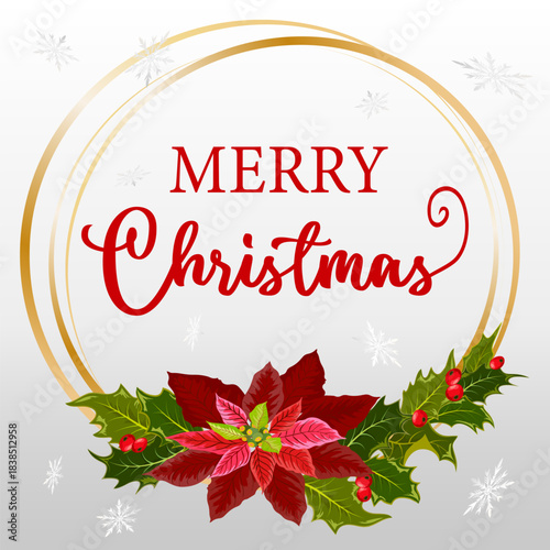 Golden elegant frame with Christmas flower and text.Vector illustration with gorgeous golden frame, Christmas flower and text.