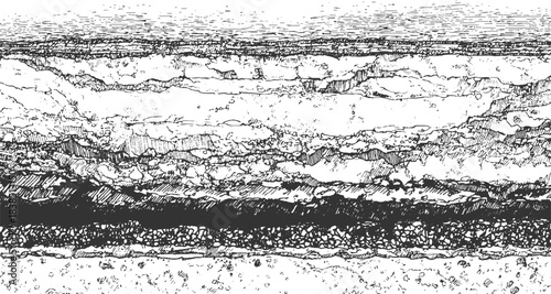 Black and white cross section illustration of soil layers with grass and water vector. Detailed black and white illustration of folded geological strata and rock formations geology. 