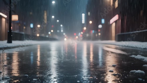 Rain and Snow Falling on a Wet Asphalt City Street at Night with Reflections