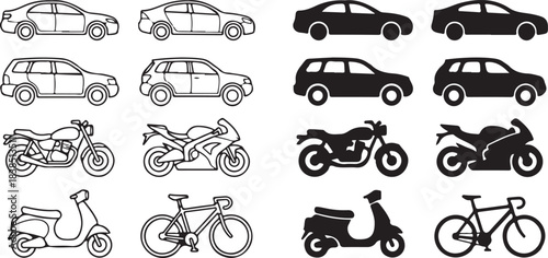 Vehicle Silhouette and Outline Vector Pack, CAD Line Art of Cars, Bikes, Scooters & Motorcycles front and side view