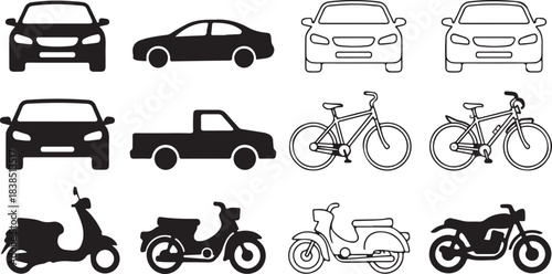 Vehicle Silhouette and Outline Vector Pack, CAD Line Art of Cars, Bikes, Scooters & Motorcycles front and side view
