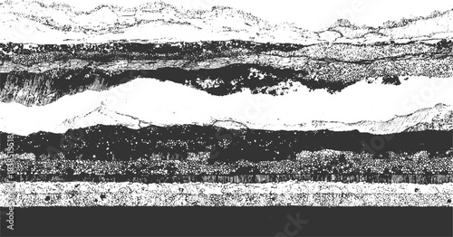 Black and white cross section illustration of layered geological strata with varied textures abstract 