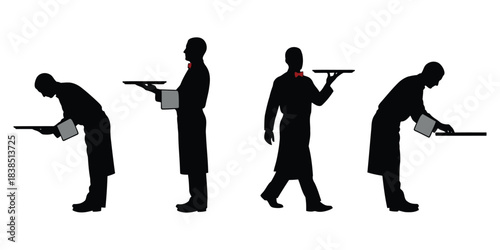 Waiters Serving with Trays and Red Bow Ties silhouettes