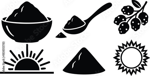 Flat design close up bowl spoon with powder pile berry branch sunrise and sun icons black silhouette on white background minimal bold graphic set isolated landscape