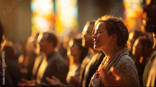 Contemporary Worship video - Group of people praying and singing worship songs in church choir prayer service cinematic.