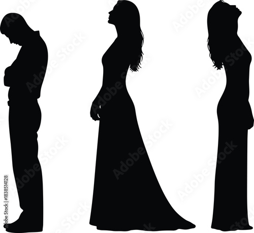 Black Silhouette Collection of Three Posing Figures, Including Man Bowed and Woman in Elegant Dress Looking Up, Representing Emotion, Ceremony, Fashion, and Vector Set