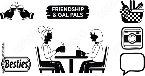 Flat line art close up two women sitting at table holding coffee mugs looking at each other with clinking glasses besties badge camera icon speech bubble