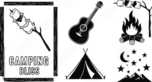 Flat design black and white camping badge set with marshmallow skewer toasting acoustic guitar tent mountain stars poster frame rustic silhouette minimalist monochrome icon graphic collection