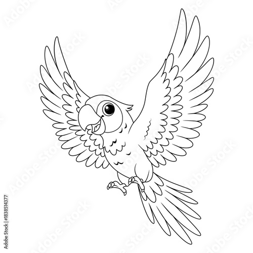 Vector Illustration of Flying Cartoon Parrot Coloring Page