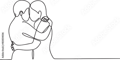 Continuous line drawing of couple hugging in romantic embrace