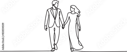 Continuous line drawing of groom and bride holding hands walking together