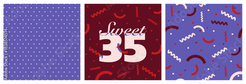 Sweet 35 Celebration Pattern Set. Vibrant Red, Pink, and Purple Designs Featuring Playful Confetti Shapes and Bold Typography to Capture the Fun, Energy, and Festive Spirit of a Milestone Birthday.