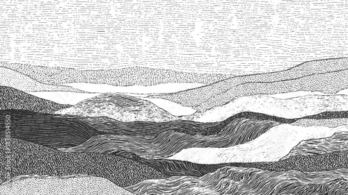 Black and white cross section of geological strata with wavy lines and granular textures geology layers 
