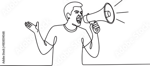 Man yelling through megaphone in loud protest or announcement vector drawing