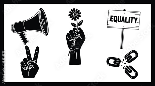 Stencil protest vector composition close up raised fist holding flower with megaphone and victory hand and equality placard and broken chain high contrast bold silhouette graphic