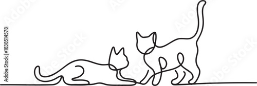 Minimalist continuous line art drawing of two cats sitting and standing