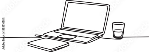 Minimalist single line drawing of laptop computer notebook and glass of water