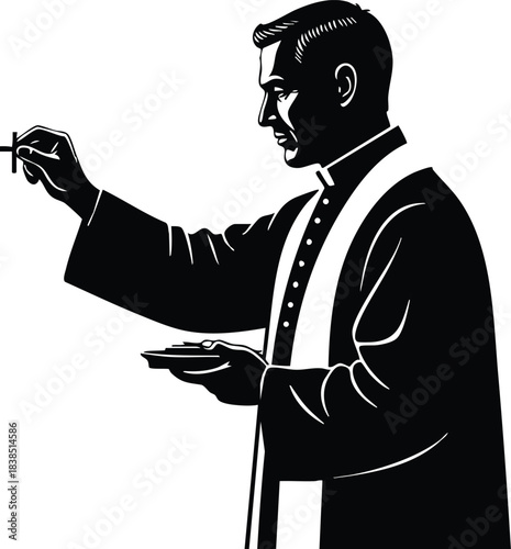 Silhouette vector priest in profile holding communion host over paten offering blessing with clerical stole close up side view high contrast black and white minimalist church