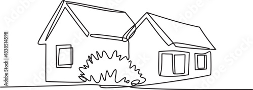 One line drawing of a detached house structure with a small bush in front