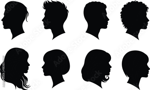 Profile Silhouette Collection: Diverse Male and Female Heads Featuring Various Modern Hairstyles, Representing People, Beauty, Fashion, Identity, and Haircuts, Suitable for Avatars or Logo Design