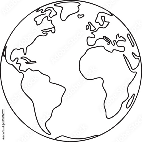 Single line drawing depicting world globe showing continents of earth
