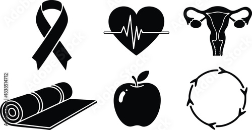 Flat design icon set showing black health icons awareness ribbon heart with heartbeat uterus yoga mat apple and circular arrows minimal silhouette style solid glyph contrast