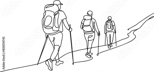Three hikers with backpacks and trekking poles walking up mountain trail line art