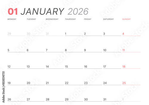 January 2026 monthly planner calendar template. Clean, minimalist vector illustration for web, print. Modern, simple schedule organizer, printable datebook page for business and personal use