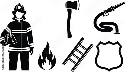 Flat design firefighter icon set showing firefighter holding helmet with axe hose ladder flame and badge in bold silhouette on white background front view close up